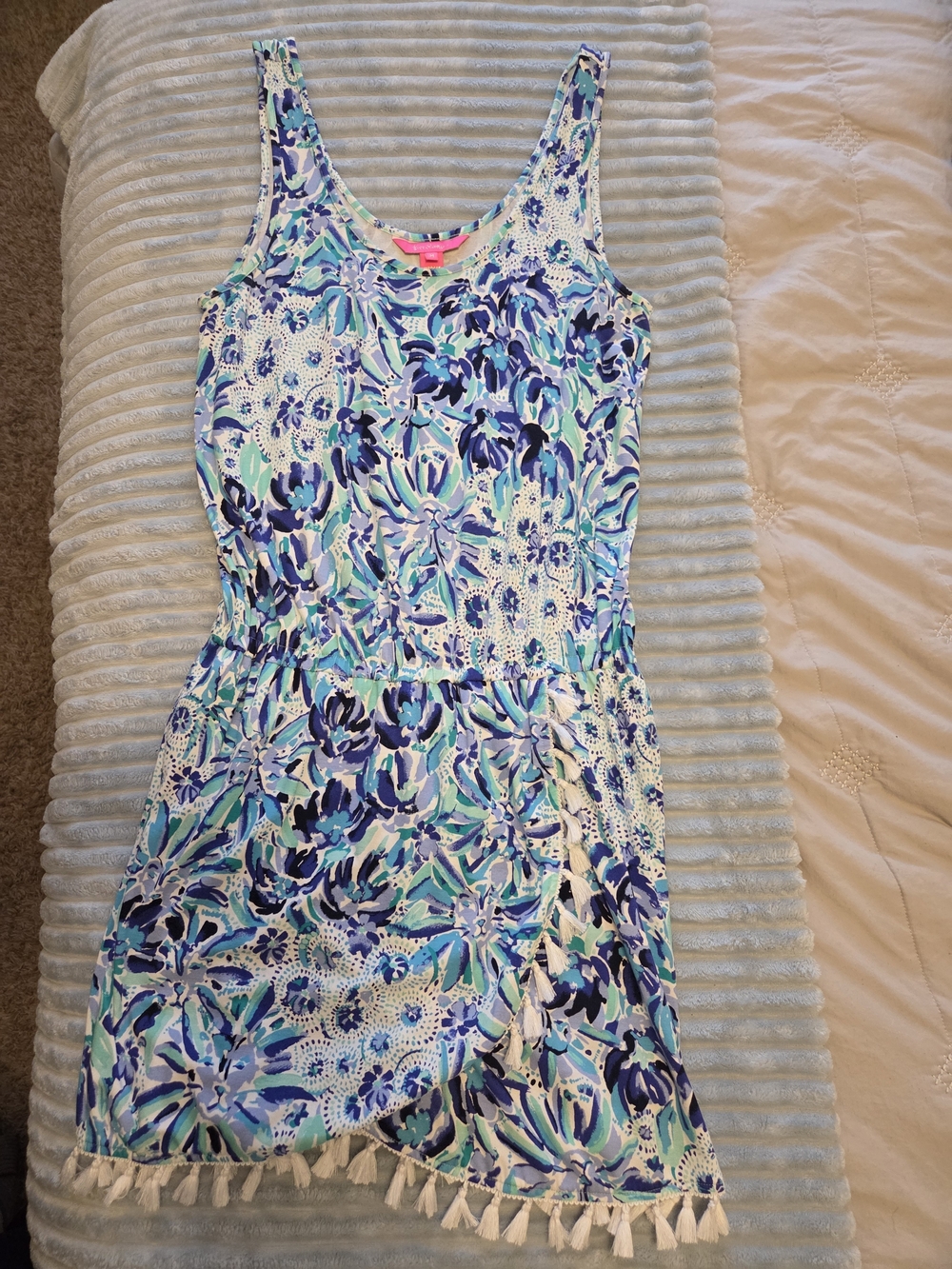 Lilly Pulitzer Blue, White & Aqua Romper Dress/Skirt with Tassel Trim
